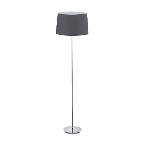 Relaxdays Stehlampe mit Stoffschirm, verchromter Fuß, E27 Fassung, Ø 40 cm, Wohnzimmer, Stehleuchte 148,5 cm hoch, grau