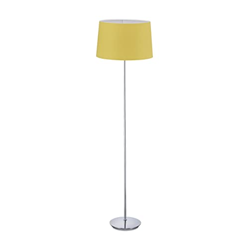 Relaxdays Stehlampe mit Stoffschirm, verchromter Fuß, E27 Fassung, Ø 40 cm, Wohnzimmer, Stehleuchte 148,5 cm hoch, gelb