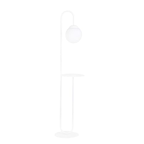 Licht-Erlebnisse Stehleuchte Wohnzimmer Weiß 150 cm niedrig mit Ablage Retro Metall Glas Kugel Schirm Stehlampe