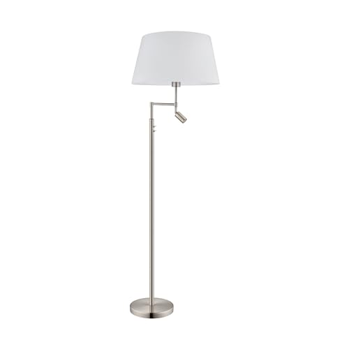 EGLO LED Stehlampe Santander, 2 flammige Stehleuchte aus Metall, Textil, Wohnzimmerlampe in Silber, Weiß, Deckenfluter mit Leselampe, Lampe mit Schalter, E27 Fassung