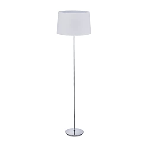 Relaxdays Stehlampe mit Stoffschirm, verchromter Fuß, E27 Fassung, Ø 40 cm, Wohnzimmer, Stehleuchte 148,5 cm hoch, weiß