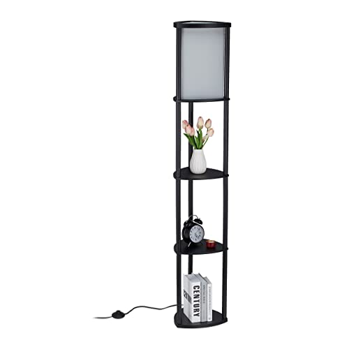 Relaxdays Stehlampe mit Regal, HBT: 156 x 28 x 28 cm, E27-Fassung, modernes Design, Stehleuchte, 3 Ablagen, schwarz/grau