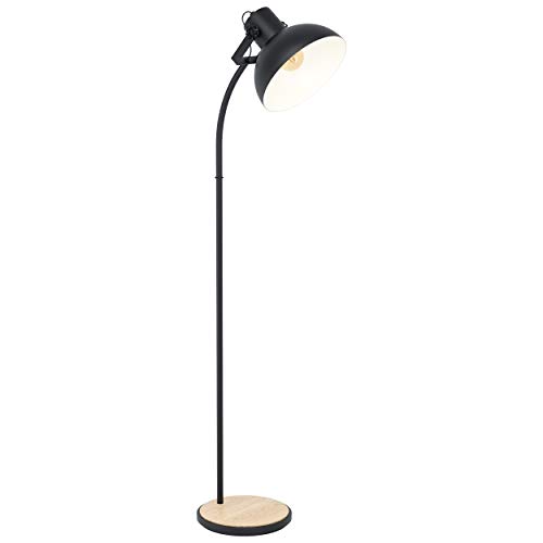 EGLO Stehlampe Lubenham, 1 flammige Vintage Stehleuchte im Industrial Design, Retro Standlampe aus Stahl und Holz, Farbe: Schwarz, braun, Fassung: E27, inkl. Trittschalter