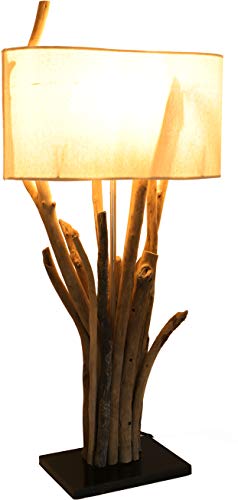 GURU SHOP Tischleuchte/Tischlampe, in Bali Handgemachtes Unikat aus Naturmaterial, Treibholz, Baumwolle - Modell Makarena, 75x35x15 cm, Tischlampen aus Naturmaterialien