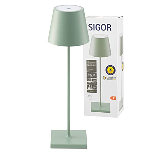 SIGOR Nuindie - Dimmbare LED Akku-Tischlampe Indoor & Outdoor, Höhe 38 cm, aufladbar mit Easy-Connect, 24 h Leuchtdauer, salbeigrün