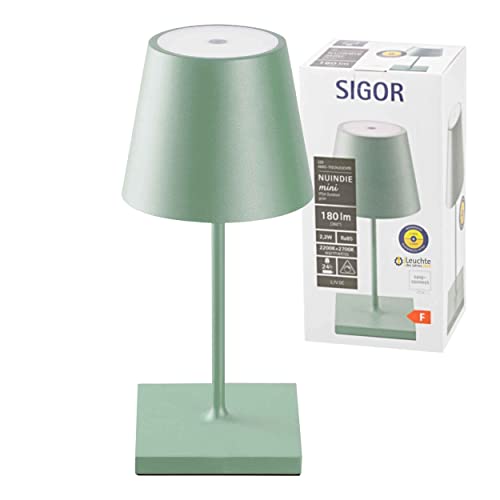 SIGOR Nuindie Mini - Dimmbare kleine LED Akku-Tischlampe Indoor & Outdoor, Höhe 25 cm, aufladbar mit Easy-Connect, 12 h Leuchtdauer, Salbeigrün