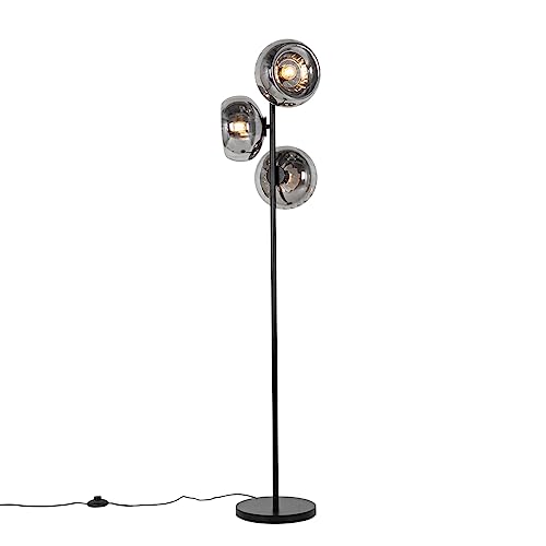Qazqa - Art Deco Art-Deco-Stehlampe schwarz mit Rauchglas 3-flammig – Ayesha I Wohnzimmer I Schlafzimmer - Länglich - LED geeignet E27