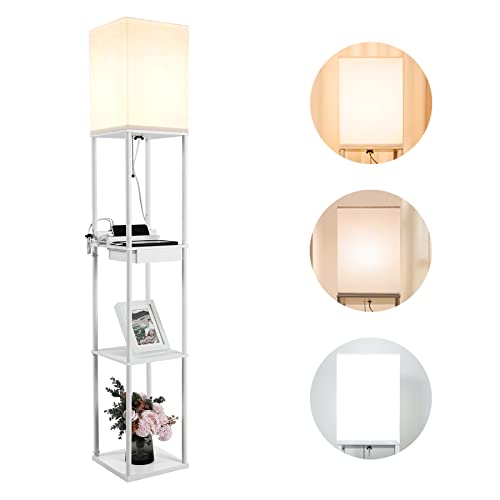 BBHome Modern Stehlampe mit regal aus Holz und Metall, 3 Farbtemperaturen, 2 USB-Ladeanschlüsse, und 1 Schublade, Dimmbar LED Stehleuchte für Wohnzimmer, Schlafzimmer, Weiß (Mit Glühbirne)