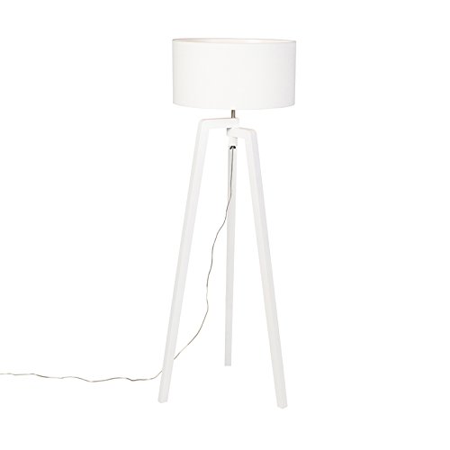 Qazqa - Modern Stehlampe Stativ weißes Holz mit weißem Schirm 50 cm - Puros I Wohnzimmer I Schlafzimmer - Länglich - LED geeignet E27