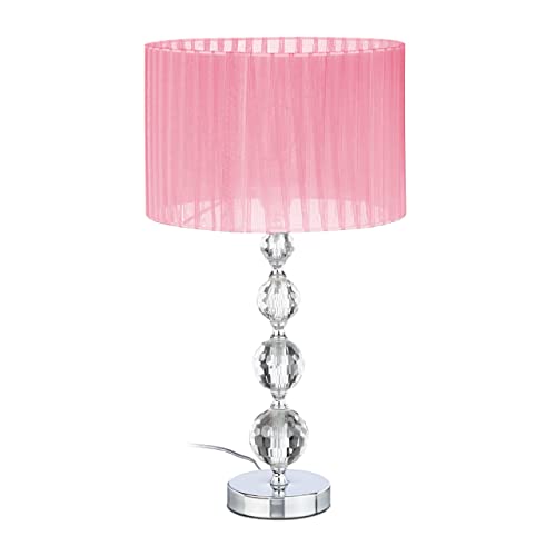 Relaxdays Tischlampe, Nachttischlampe im Kristalldesign, HxD: 54 x 29,5 cm, E27 Fassung, Tischleuchte mit Schirm, rosa