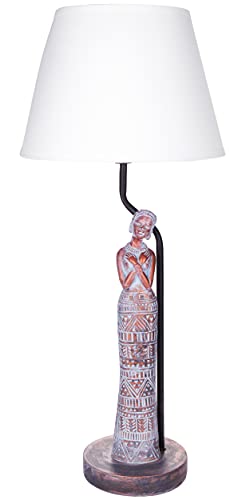BRUBAKER Tisch- oder Nachttischlampe Afrikanische Frau in Kupfer-Optik - Tischleuchte mit Keramikfuß und Stoffschirm - 58 cm Höhe, Grau Weiß