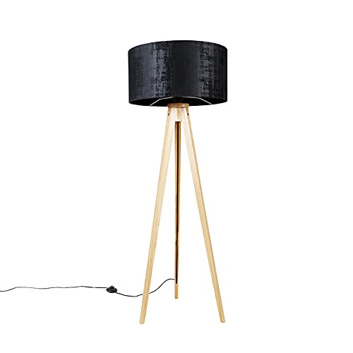Qazqa - Modern Stehlampe Holz mit Stoffschirm schwarz 50 cm - Tripod I Dreifuß Lampe I Dreifuss Classic I Wohnzimmer I Schlafzimmer - Textil Rund - LED geeignet E27