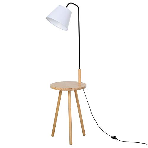 HOMCOM Stehlampe für Wohnzimmer, Standleuchte, Stehlampe, Bogenleuchte mit Holz Tisch, Skandinavischer Stil, Stahl, Weiß, 42 x 42 x 144 cm