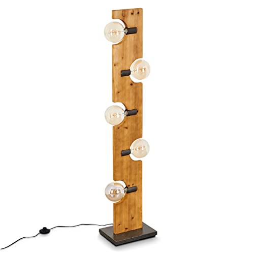 Stehleuchte Santorum, Vintage Bodenlampe aus Metall/Holz in Altsilberfarben/Natur, Stehlampe mit Fußschalter am Kabel, 5-flammig, 5 x E27, ohne Leuchtmittel