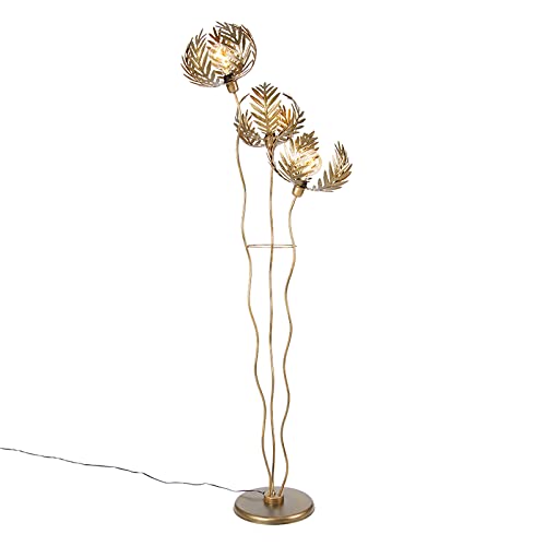 Qazqa - Retro Vintage Stehlampe Gold I Messing 3-flammig - Botanica Kringel I Wohnzimmer I Schlafzimmer - Stahl Länglich - LED geeignet E27