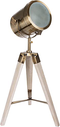BRUBAKER Stehleuchte Industrial Design Tripod Lampe - 65 cm Höhe - Stativbeine aus Holz Weiß gekälkt - Scheinwerfer Messing