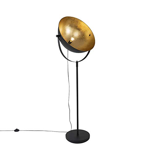 Qazqa - Industrie I Vintage I Industrie Stehlampe schwarz 50 cm mit Gold I Messing verstellbar - Magnax I Wohnzimmer I Schlafzimmer - Stahl Länglich I Rund - LED geeignet E27