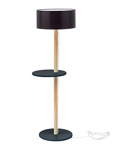 UFO Holz Stehlampe mit Regal, Moderner Skandinavischer Stil für das Wohnzimmer Schlafzimmer Esszimmer, Höhe 150cm, E27, max. 40W – Graphit mit Schwarz Lampenschirm