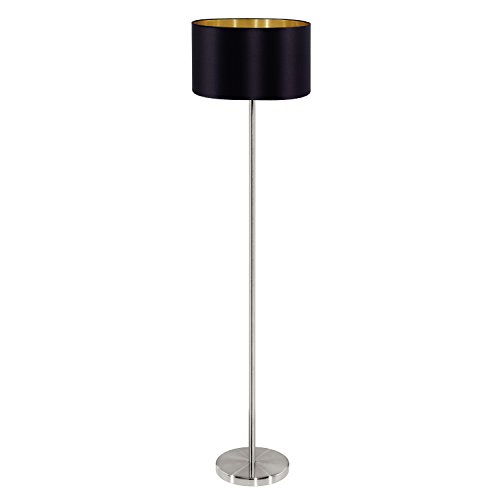 EGLO Stehlampe Maserlo, 1 flammige Textil Stehleuchte, Standleuchte aus Stahl und Stoff, Farbe: Nickel matt, schwarz, gold, Fassung: E27, inkl. Trittschalter