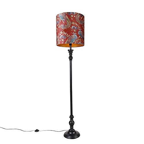 Qazqa - Klassisch I Antik Stehlampe schwarz mit Schatten Pfauenrot 40 cm - Classico I Wohnzimmer I Schlafzimmer - Holz Länglich - LED geeignet E27