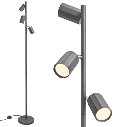 TONFFI LED Stehlampe mit 3-Flammig, GU10 Fassung, 3*5 Watt (mit Glühbirnen,3000K), Schwenkbar Leselampe Stehleuchte mit Fußtaster, Retro Standlampe Deckenfluter für Wohnzimmer Schlafzimmer Büro, Grau