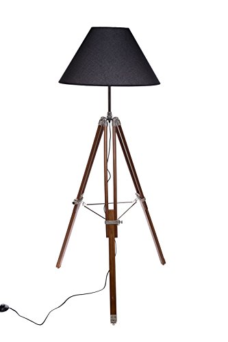 Birendy Riesige XXL Stativlampe Stehlampe im Dreibein Stativ Look Style F705 schwarzer Extra großer Schirm (52cm) großen Stoffschirm Dekorationslampe,Verstell bare Höhe, Echtholz Lampe 160cm hoch