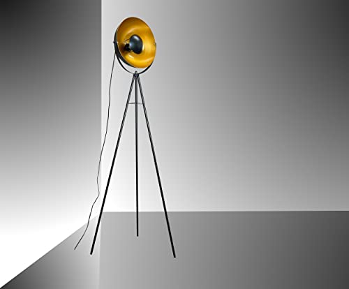 Trango 1523 *Tripod Vintage* Stehleuchte inkl. E27 Fassung & 180cm Kabel mit Trittschalter, Metall Lampenschirm Schwarz-Gold-Matt - Höhe: 170cm Stehlampe, Wohnzimmerlampe ohne Leuchtmittel