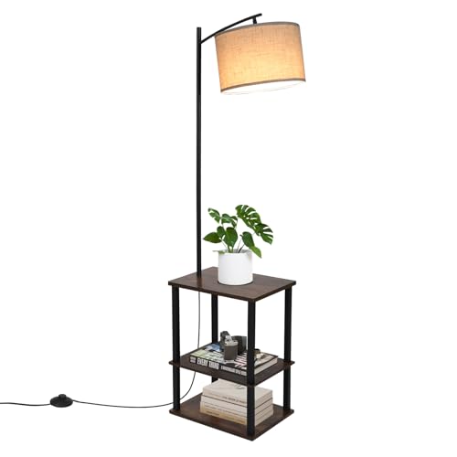 Fullwatt Stehlampe mit Holzregal Innenbeleuchtung Holz Stehleuchte mit Regalen für Schlafzimmer und Wohnzimmer (Schwarz - Neu)