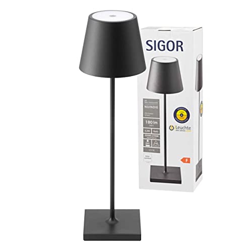 SIGOR Nuindie - Dimmbare LED Akku-Tischlampe Indoor & Outdoor, Höhe 38 cm, aufladbar mit Easy-Connect, 24 h Leuchtdauer, nachtschwarz
