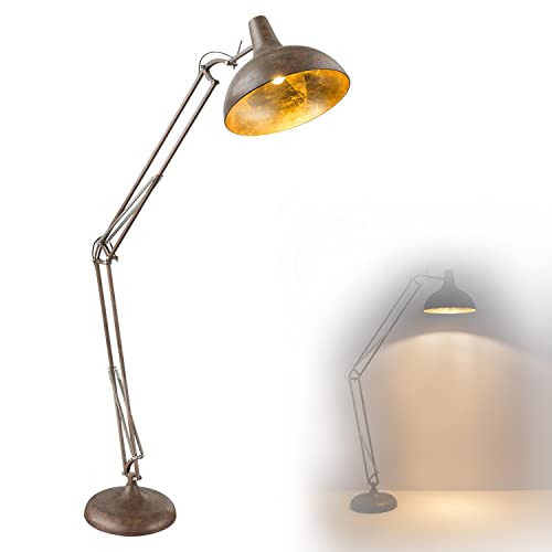 Stehleuchte Vintage mit beweglichen Schirm Stehlampe Standlampe Leselampe (3 Gelenke, Höhe max 2 m, Retro-Lampe, Metallic, Rostfarben, Innen Gold, E27 Fassung)