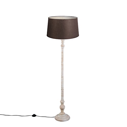 QAZQA - Klassisch | Antik Stehlampe mit Leinenschirm braun 45 cm - Classico | Wohnzimmer | Schlafzimmer - Holz Zylinder | Länglich - LED geeignet E27