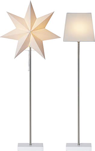 Stehlampe mit Wechselschirm Moa von Star Trading, 3D Papierstern Weihnachten oder eckiger Lampenschirm in Weiß mit Fuß aus Holz und Metall, Dekostern Stehleuchte mit Kabelschalter, E14, Höhe: 82 cm
