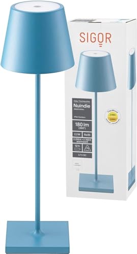SIGOR Nuindie - Dimmbare LED Akku-Tischlampe Indoor & Outdoor, IP54 spritzwassergeschützt, Höhe 38 cm, aufladbar mit Easy Connect, 12 h Leuchtdauer, delfinblau