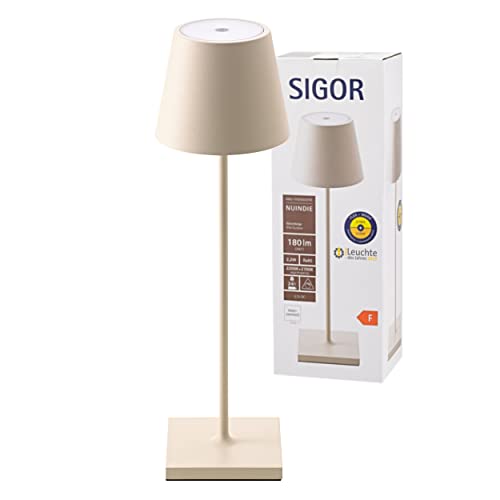 SIGOR Nuindie - Dimmbare LED Akku-Tischlampe Indoor & Outdoor, Höhe 38 cm, aufladbar mit Easy-Connect, 12 h Leuchtdauer, Dünenbeige