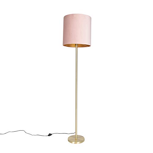 Qazqa - Modern Romantische Stehlampe Messing mit rosa Schirm 40 cm - Simplo I Wohnzimmer I Schlafzimmer - Textil Zylinder I Länglich - LED geeignet E27