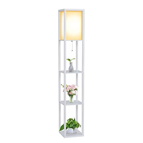 Fullwatt Stehlampe mit Holzregal Innenbeleuchtung Holz Stehleuchte mit Regalen für Schlafzimmer und Wohnzimmer (weiß)
