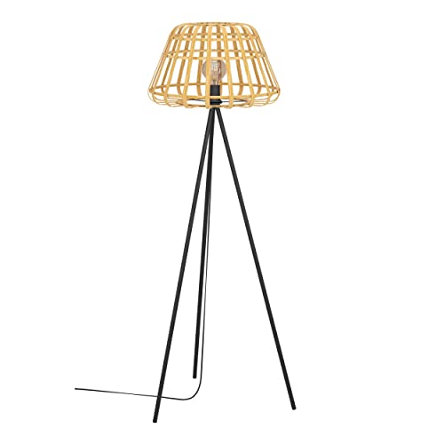 EGLO Stehlampe Montezuelo, Stativ Stehleuchte, Standleuchte Dreibein aus Metall in schwarz und Bambus, Lampe Wohnzimmer mit Schalter, Wohnzimmerlampe mit E27 Fassung