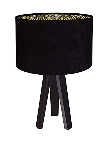 Licht-Erlebnisse Dreibein Tischleuchte Schwarz Gold Muster Stoffschirm Holzbeine 46cm hoch Nachttischlampe NERA