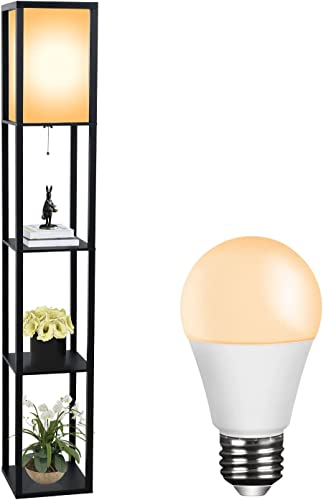 Fullwatt Stehlampe mit Holzregal Innenbeleucht ung Holz Stehleuchte m it Regalen für Schlaf zimmer und Wohnzimmer (Schwarz & Glühbirne)