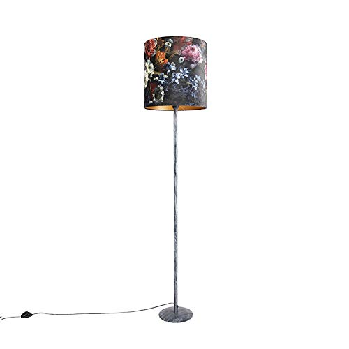 Qazqa - Retro Vintage Stehlampe antiken grauen Schatten Blumenmuster 40 cm - Simplo I Wohnzimmer I Schlafzimmer - Stahl Länglich - LED geeignet E27