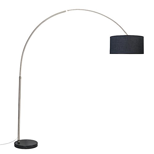 Qazqa - Modern Bogenlampe stahl I nickel matt schwarzer Lampenschirm 50 cm - XXL I Wohnzimmer - Stahl Länglich - LED geeignet E27