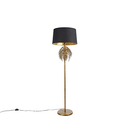 Qazqa - Landhaus I Vintage Vintage Stehlampe Gold I Messing mit Baumwollschirm schwarz - Botanica I Wohnzimmer I Schlafzimmer - Stahl Länglich - LED geeignet E27