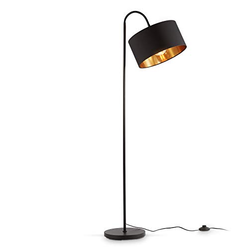 B.K.Licht – Stehlampe, Bodenlampe gebogen – Schwarz goldener einflammiger Stoffschirm mit 30 cm ?, 1.450x250 mm Fußtaster