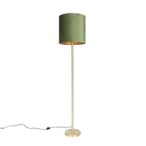 Qazqa - Modern Botanische Stehlampe Messing mit grünem Schirm 40 cm - Simplo I Wohnzimmer I Schlafzimmer - Textil Zylinder I Länglich - LED geeignet E27