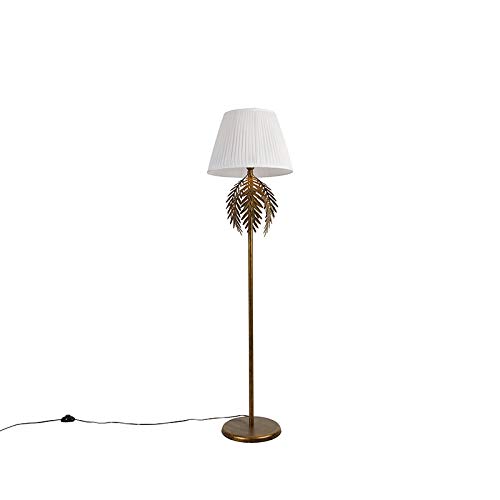 QAZQA - Landhaus I Vintage Vintage Stehlampe Gold I Messing mit Faltenschirm weiß 45 cm - Botanica I Wohnzimmer I Schlafzimmer - Stahl Länglich - LED geeignet E27