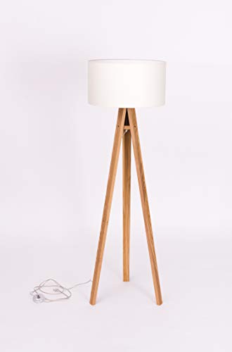 Wanda Tripod Stativ Stehlampe aus Holz mit Textil Schirm in Weiß - Skandinavischer Stil, Stabil Stehleuchte für Flur, Schlafzimmer, Wohnzimmer, Esszimmer: Höhe: 140cm - 5 Farben