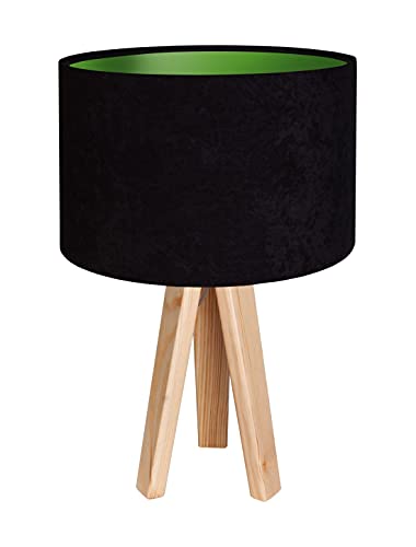 Licht-Erlebnisse Nachttischlampe Schwarz Grün Stoff in Velours Optik Holz 46cm hoch Retro Design Tischleuchte Dreibein