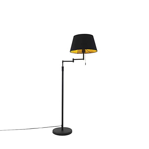 Qazqa - Modern Stehlampe schwarz mit schwarzem Schirm und verstellbarem Arm - Ladas I Wohnzimmer I Schlafzimmer - Textil Rund - LED geeignet E27
