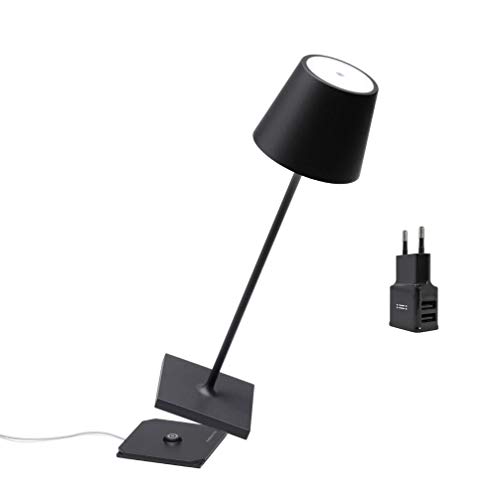 [Amazon Exclusive] Zafferano Poldina Pro Black Lim Auflage Kabellose LED-Tischlampe Wiederaufladbar Touch-Dimmer - IP65 Innen/Außeneinsatz, Aluminium, H38cm, mit Mehrfach-USB-Ladegerät - Schwarz