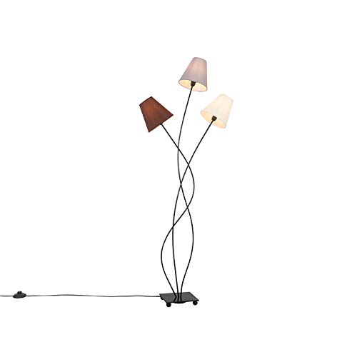 Qazqa - Modern Design Stehleuchte I Stehlampe I Standleuchte I Lampe I Leuchte schwarz mit Stoffschirm 3-flammig - Melis I Wohnzimmer I Schlafzimmer - Stahl Länglich - LED geeignet E14